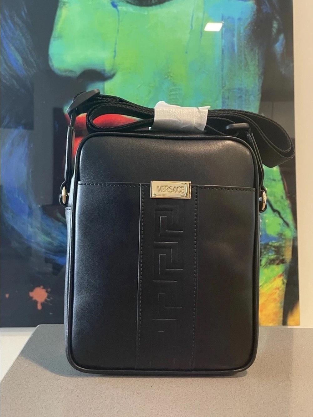 Versace Black Leather Messenger Crossbody with Gold Plaque